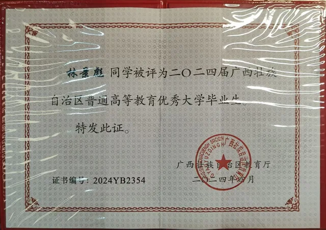 广西壮族自治区普通高等教育优秀大学毕业生证书